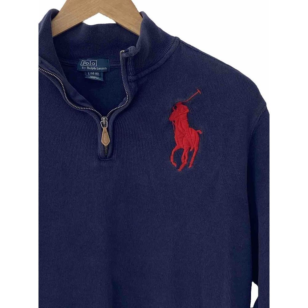 VINTAGE RALPH LAUREN POLO Navy Blue Ribbed knit Sweater Big Pony Kids L 14-16‎